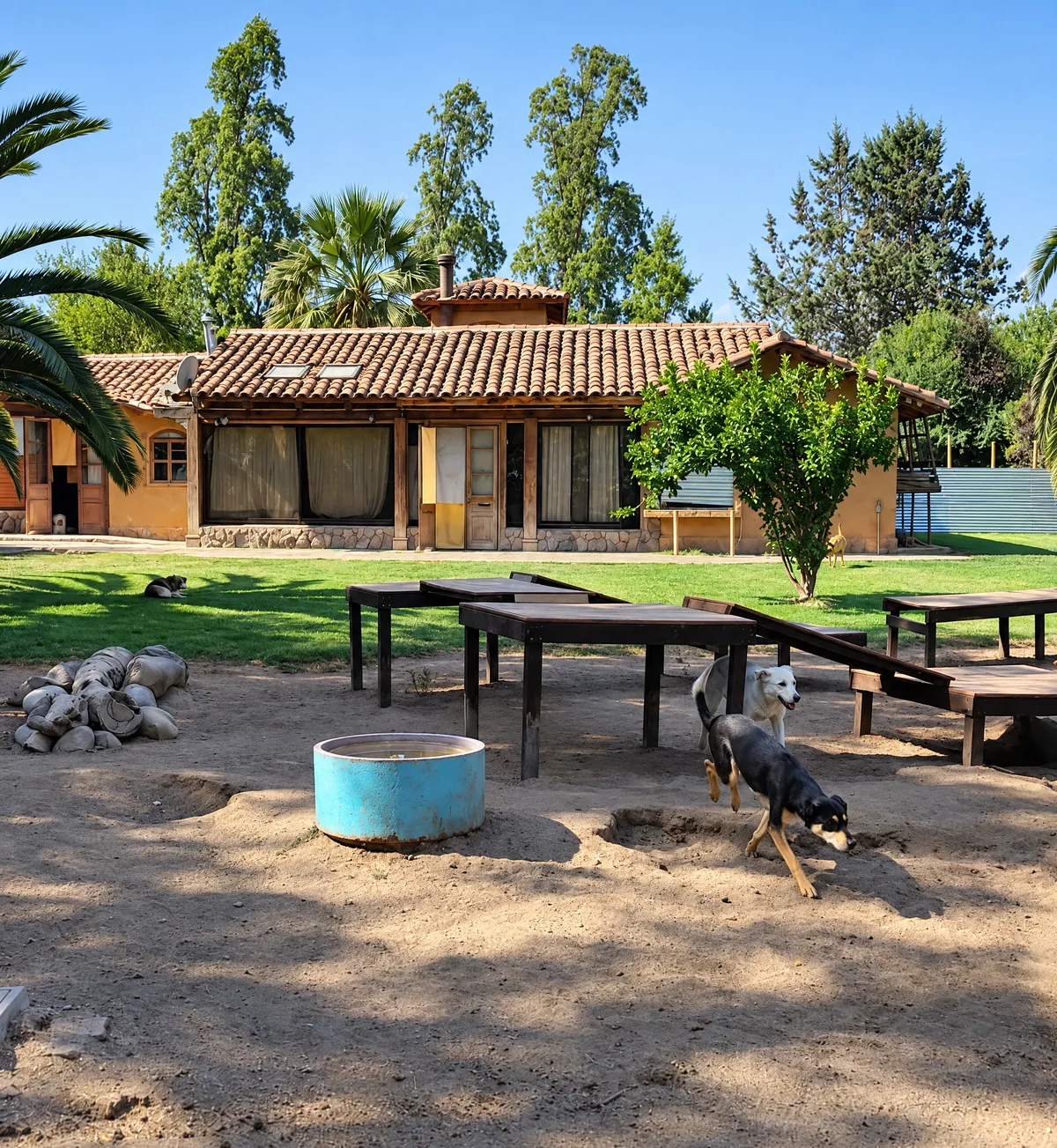 La casa del hotel con las mesas de juego y el bebedero en el patio