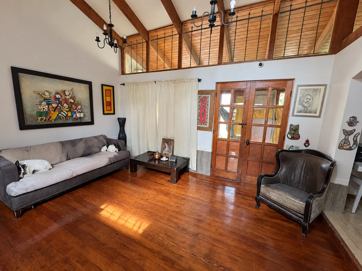 Inside the house: wooden floors, couches and a dog resting